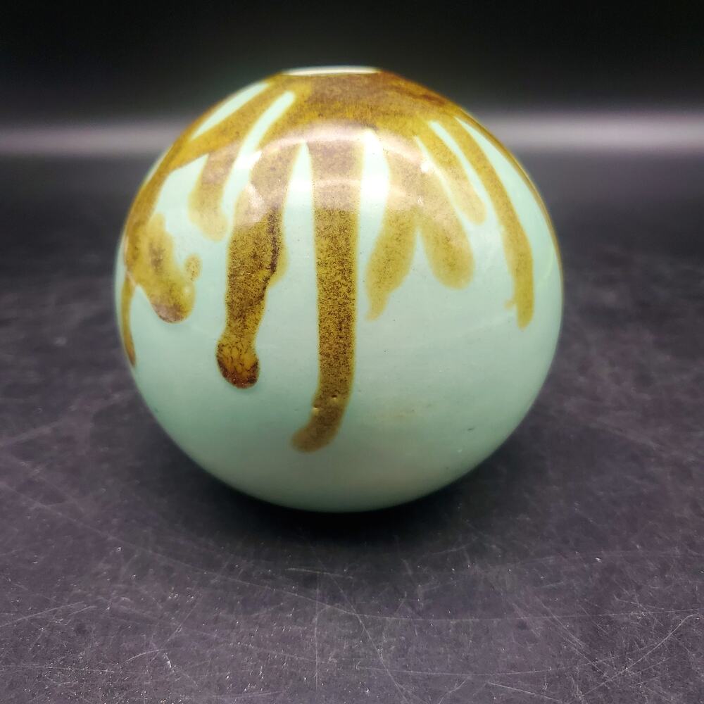 Studio Art Pottery Round Vase Aqua Blue Brown Drip Glaze Handmade Key West